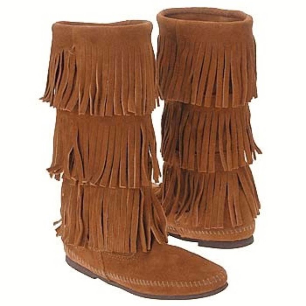 Minnetonka 3 Layer Fringe Boot Brown Suede - image 2